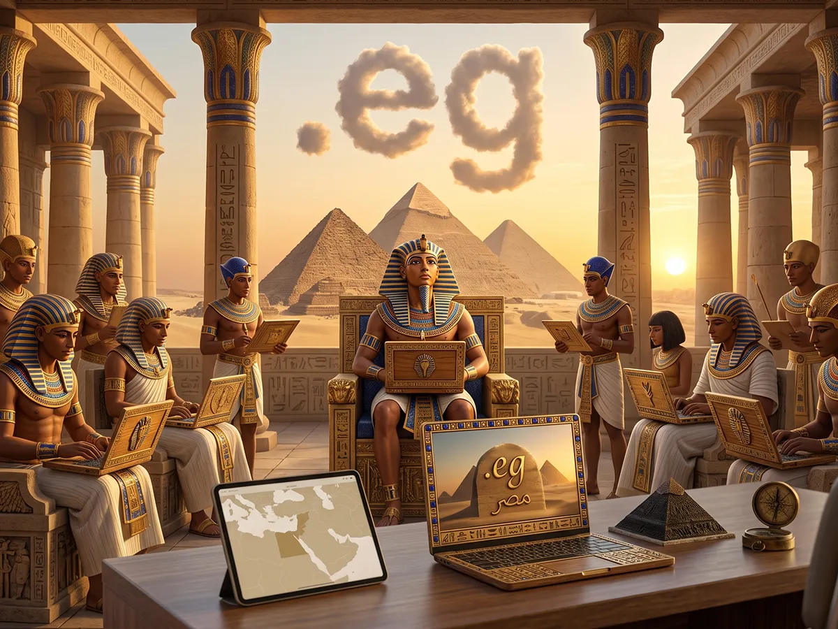 رسم تعبيري بالطابع الفرعوني يجمع بين رموز مصر القديمة وأجهزة حديثة تعرض امتداد ‎.eg‎.